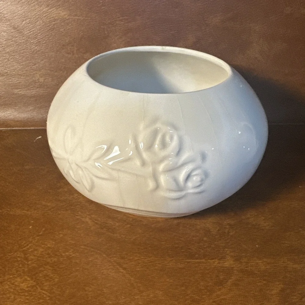 Vintage White Porcelain Embossed Flowers Bowl Vase Portugal 4.5X7